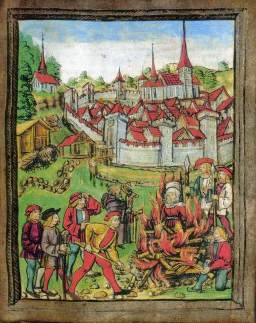 Woodcut illustration of the burning of a woman in Willisau, Switzerland, 1447