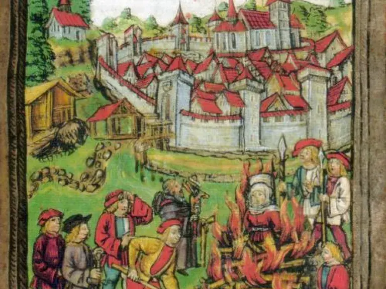 Woodcut illustration of the burning of a woman in Willisau, Switzerland, 1447